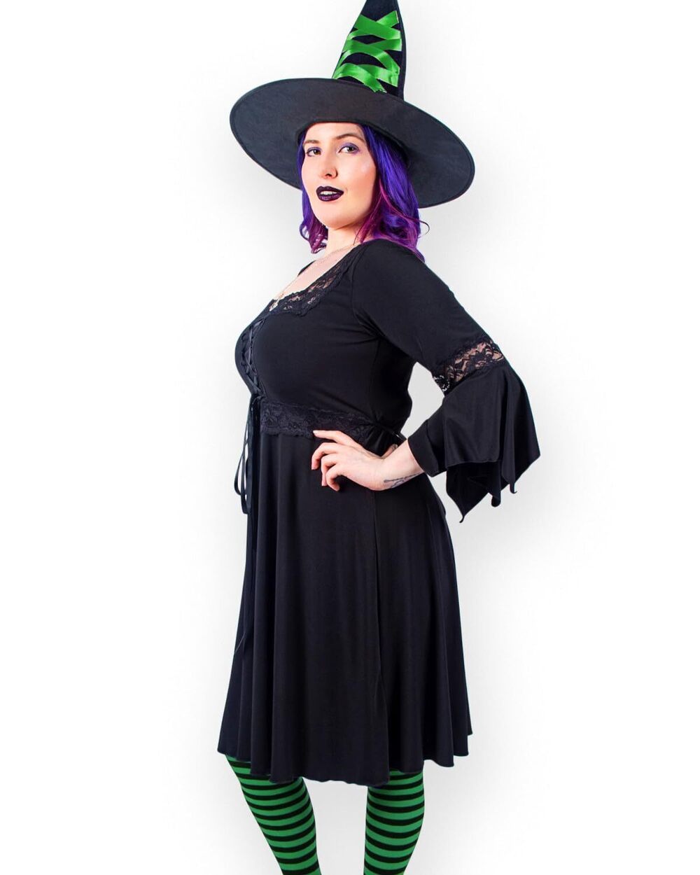 8611 Sorceress Costume: Ribbon Witch Hat, Pentagram Pendant, Striped Tights